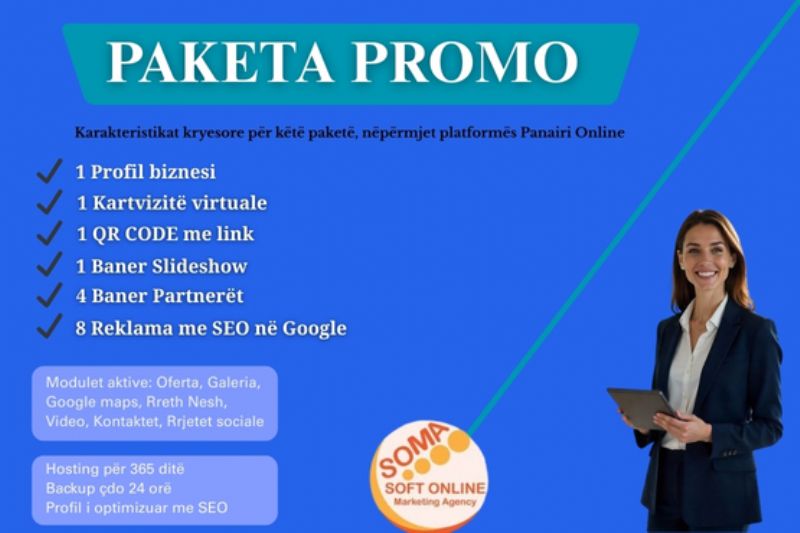 Paketa PROMO me 8 reklama dhe Profil biznesi në platformën Panairi Online, Website me seo, optimizimi i website ne Google me SEO, Dyqan per shitje online, trendet e marketingu dixhital, platformat e marketingut në Shqipëri