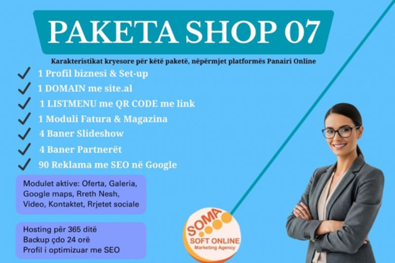 Paketa E-SHOP me 90 reklama dhe Profil biznesi me domain në platformën Panairi Online me SEO ne Google, Dyqan per shitje online, marketing dixhital per e shop, agjenci marketing online per e shop, kompani marketing dixhital