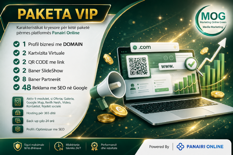 Paketa VIP me Domain, Website Profesional, Dyqan Online dhe 48 Reklama SEO në Google për Rritjen e Biznesit Tuaj Online,  ofrohet nëpërmjet Platformës Panairi Online
