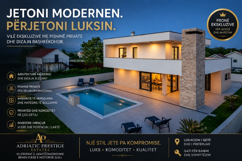 Vilë moderne me pishinë private – arkitekturë bashkëkohore dhe luks i qetë për një jetë pa kompromise
