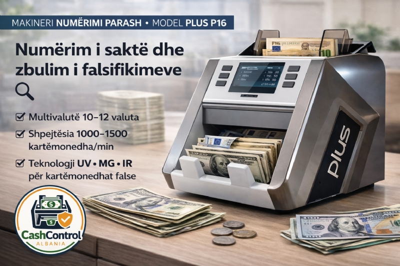 Makineri Numerimi Parash, Modeli PLUS P16 nga Cash Control Albania, numerues kartemonedhash, numerim cash, pajisje bankare per leku, numerues automatik, makineri profesionale, numerues euro, numerues dollar, pajisje cash