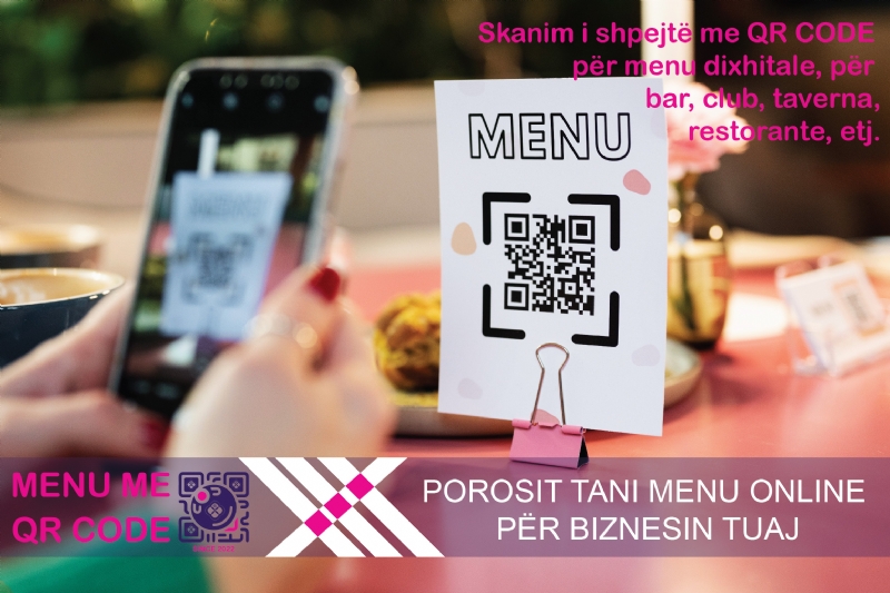 Menu QR per beach bar, menu QR per fast food, menu QR per hotel, menu QR per lounge, menu pa kontakt, menu pa prekje, menu per tavoline, mbajtese plexiglass QR, mbajtese QR personal, mbajtese QR restorant