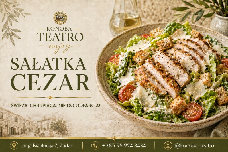 Sałatka Cezar, której nie można się oprzeć – chrupiąca, świeża i pełna smaku! Spróbuj jej w Konobie Teatro w Zadarze