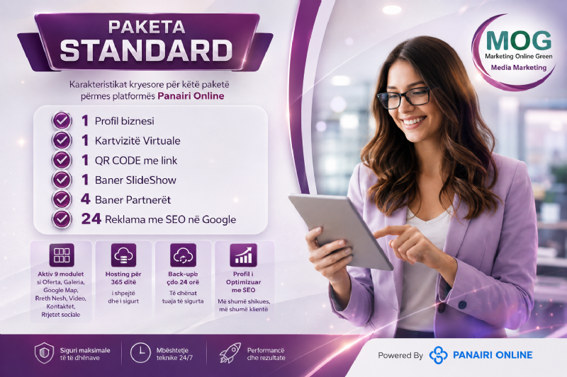 Paketa STANDART me Domain me 24 reklama, platforme per shitjet online, platforme ecommerce ne shqiperi, platforme per bizneset shqiptare, platforme online për bizneset, website me seo, reklame me klikime direkte, reklamim per kompani