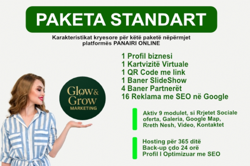 Paketa STANDART me 16 reklama dhe Profil biznesi me domain në platformën Panairi Online, website ne Google me SEO, Dyqan per shitje online, paniri online marketing, si funksionon paniri online, platforma paniri online për biznese